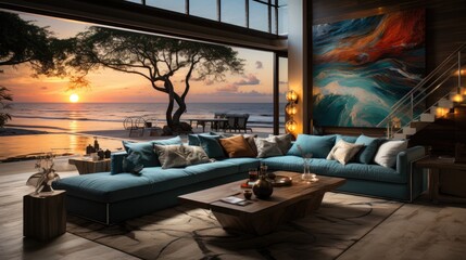 Fototapeta premium Luxury Living Room Design with Spectacular Beach Scenery. Relax in Coastal Comfort.