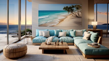 Luxury Living Room Design with Spectacular Beach Scenery. Relax in Coastal Comfort.