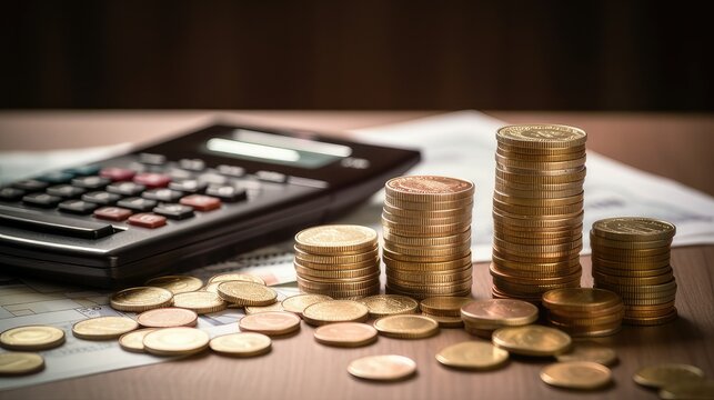 calculator and stack of coins in a office. generative AI