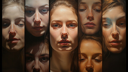 vertical collage of portraits of women with different emotions