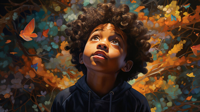 A Child With Curly Black Hair In The Style Of Afro Looks Up Admiringly From Where The Lighting Is Coming, Autumn Colorful Background Behind