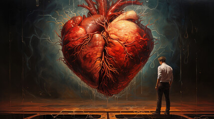 a big venous red non-anatomical heart and a little man who is sad next to it - obrazy, fototapety, plakaty
