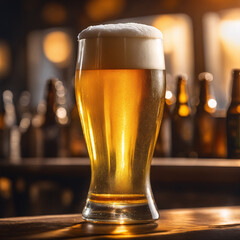 Glass of beer on a bar counter. 