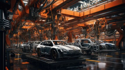 Naklejka premium Robotic assembly line in an automotive factory. generative AI
