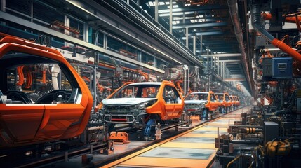 Fototapeta premium Robotic assembly line in an automotive factory. generative AI