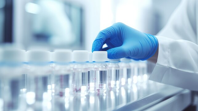 staff check Medical vials on production line at pharmaceutical factory. generative AI