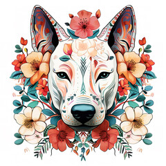 Image of pattern design using bull terrier dog and flowers and leaves. Pet. Animals. Illustration, Generative AI.