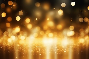 A luxurious atmosphere with an abstract gold background adorned by the mesmerizing sparkle of bokeh lights creates a magical moment on the ground stage. Made with generative AI technology