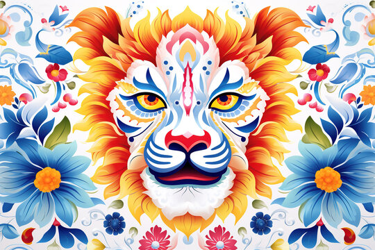 Image of pattern design using lion face and flowers and leaves. Wildlife Animals. Illustration, Generative AI.