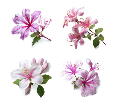 Image group of bauhinia acuminata flowers on white background. Nature. Illustration, Generative AI.