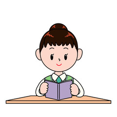 机に座って本を読む学生