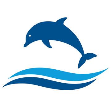Illustration logo for recreation and tourism.Dolphin jumping on the waves on a white background