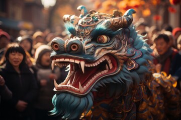 Traditional Dragon Dance Weaving Through The Crowd, Generative AI