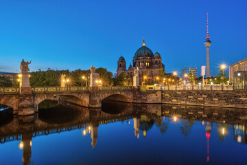 The Berlin Cathedral with the TV Tower at night © elxeneize