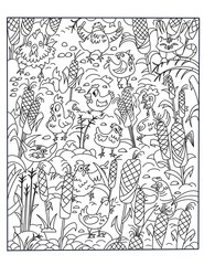 Fototapeta premium Cute chickens and cats on farm. Scene for coloring. Black and white image, outline. Hand drawn illustration. Coloring book for children. 