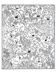 Cute bears in forest. Scene for coloring. Black and white image, outline. Nature. Hand drawn illustration. Doodle for kids. 