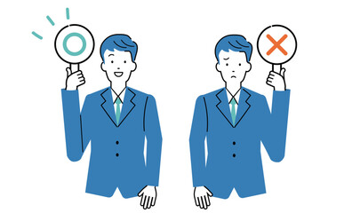 丸とバツのプレートをもつビジネスマンのイラストセット