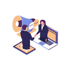 online conclusion of the transaction. the opening of a new startup. business handshake, via phone and laptop. vector illustration in a flat style investor holds money in ideas online. - Vector