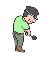 ゴルフスイングをする男性、ドライバーショットのフォロースルー、後方6