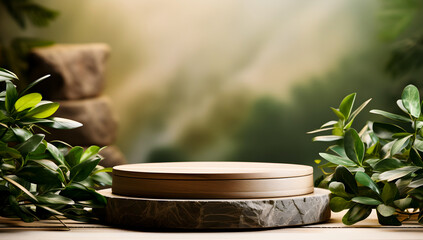 Product advertising stand exhibition wooden round podium stage product showcase on green background with leaves
