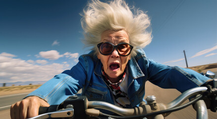 Fototapeta na wymiar The old woman was riding a motorbike at high speed, feeling excited and scared