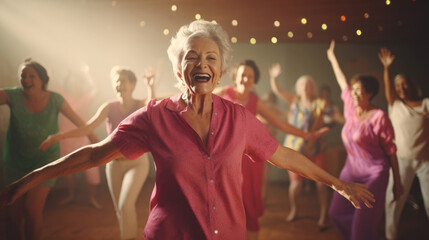 Fototapeta na wymiar An elderly woman leading a circle dance, laughter and joy filling the room