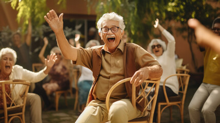 A spirited senior encouraging everyone to join in a lively game of musical chairs