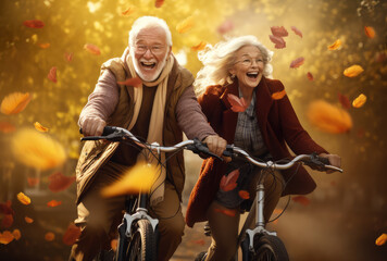 Happy old couple riding bicycles together, enjoying retirement