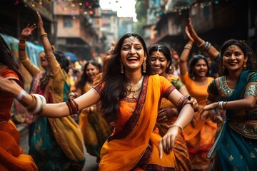 Indian women dancing on the streets in traditional dresses