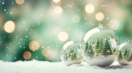 Fototapeta na wymiar Christmas decorative glass baubles and green pine trees, Merry Christmas and Happy new year festive background, generative ai