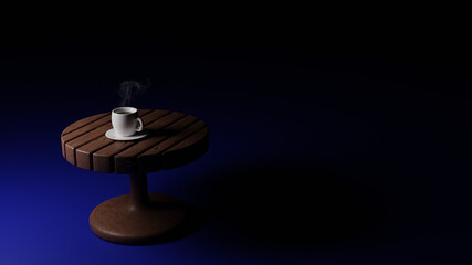 White cup of hot coffee with white steam on wooden table on dark background. Image 3D rendering.