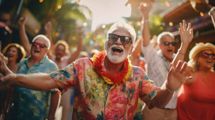 A spirited senior leading a conga line of fellow revelers,  celebrating in lively fashion - obrazy, fototapety, plakaty