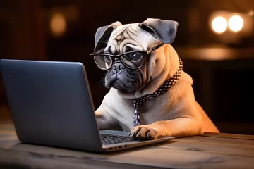 Poster Cute dog looking computer laptop in glasses. © Pacharee
