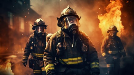 Fototapeta premium Firefighter men working in dangerous situation, Intense and bravery of firefighter on duty.