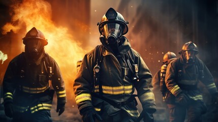 Firefighter men working in dangerous situation, Intense and bravery of firefighter on duty.