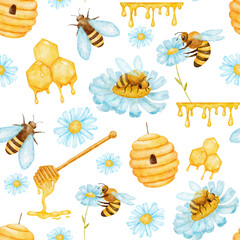 Seamless pattern with bee, honey and daisy flower. Watercolor background.