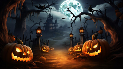 Jack o’ lanterns in spooky forest at moonlight   halloween