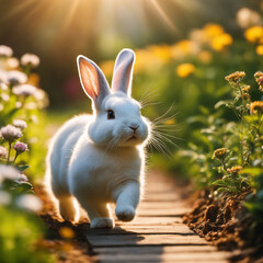 Cute little rabbit running in the garden.