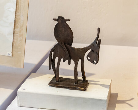 Stylized metal exhibit depicting Sancho Panza riding a donkey made by a local artist in the famous artists village Ein Hod near Haifa in northern Israel