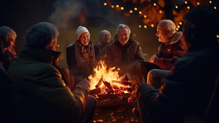 A group of seniors gathered around a bonfire,  sharing stories and warmth on a chilly night - obrazy, fototapety, plakaty