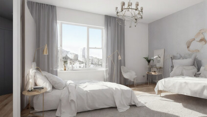 モダンな灰色のリラックスと白いベッドの誘惑