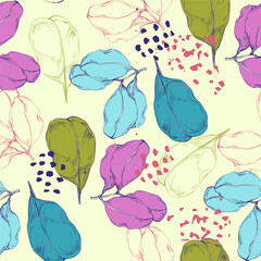 Seamless pattern with carob. Carob fruit. Brown seeds. Wallpaper, print, packing, textile design, paper. Vector illustration.