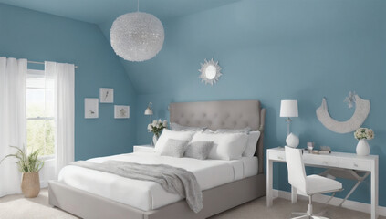 モダンな白いベッドと灰色の部屋の穏やかな瞬間