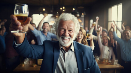 A silver-haired gentleman with a 2023 banner,  surrounded by friends raising glasses in unison - obrazy, fototapety, plakaty