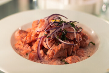 menu and fresh dishes from a restaurant with Chilean sea food ready to be served and enjoyed. seafood soup, Chilean salad