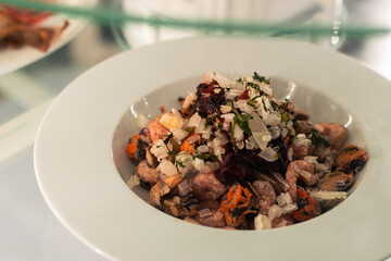 menu and fresh dishes from a restaurant with Chilean sea food ready to be served and enjoyed. seafood soup, Chilean salad