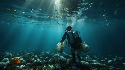 Diver underwater collects in plastic bag waste, garbage,  bottle. Environmental problem with garbage