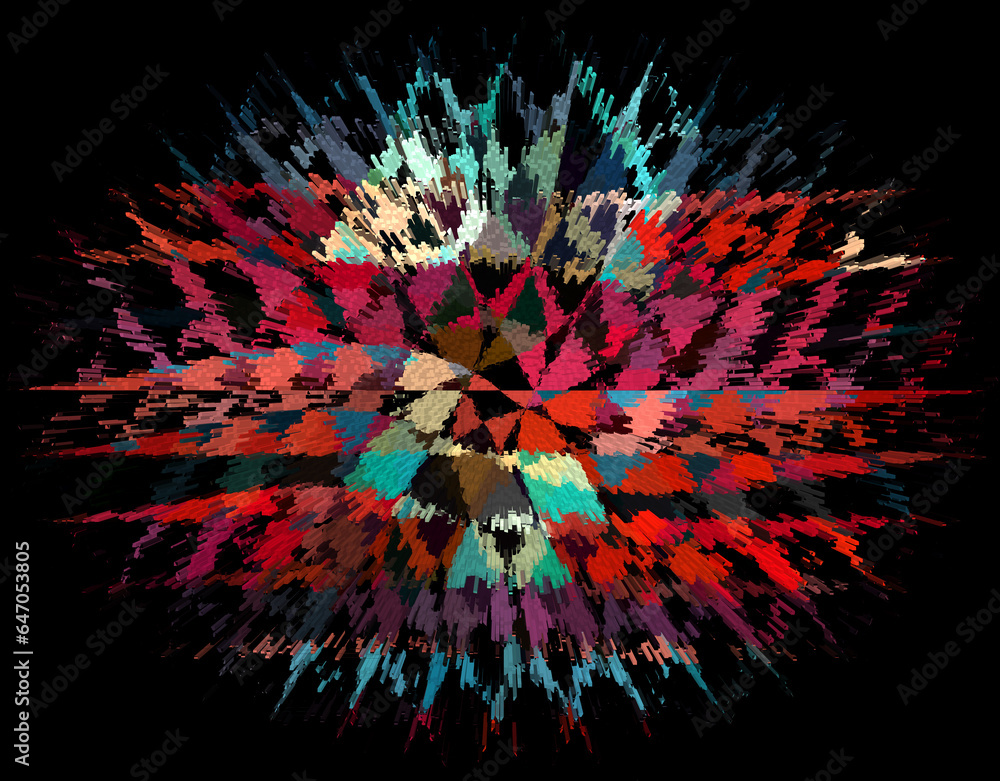 Poster complex ellipse shaped pattern in triangular red and turquoise connected design isolated on black