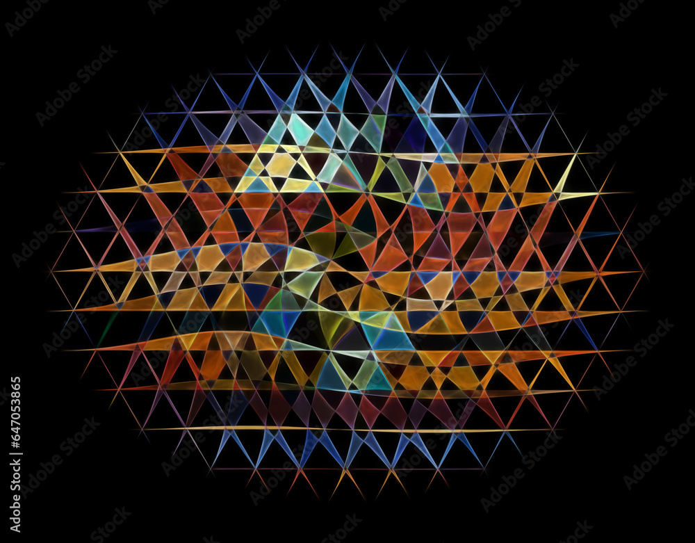Aufkleber complex ellipse shaped pattern in triangular gold and blue connected design isolated on black