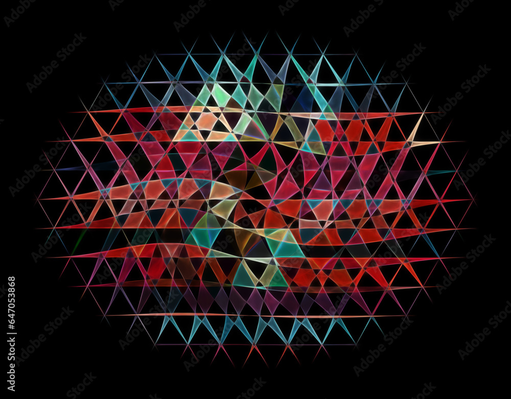 Poster connected red and blue triangular design elliptical in shape on a black background